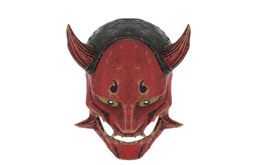 japanese red demon mask with horns and fangs on white background