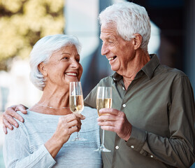 Senior couple, wine and toast outdoor, love or happiness celebration for anniversary or event...