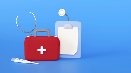 Healthcare medical Closed 3D first aid kit , red medicine chest, grey stethoscope and clipboard and 
thermometer isolated on blue background, 3d rendering