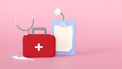 Health care medical Closed 3D first aid kit , red medicine chest, grey stethoscope and clipboard and 
thermometer isolated on pink background, 3d rendering