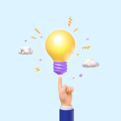 3d illuminated lightbulb with a hand pointing at it, Having a new creative idea, business strategy concept. 3d render illustration.