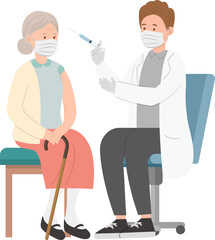 Doctor or paramedic giving an old woman vaccine against virus, immunization against coronavirus, flu shot, healthcare