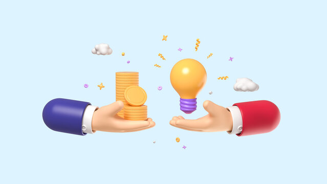 Crowd funding, new business company to get money or venture capital to support or sponsor business concept, businessman hand giving money dollar coin to new business idea light bulb. 3d reneder