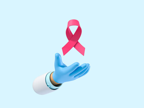 Raised Doctor Hand With Gloves And Pink Ribbon Symbol Of Breast Cancer Awareness. Isolated Pastel Blue Background With Copyspace.  3d Render