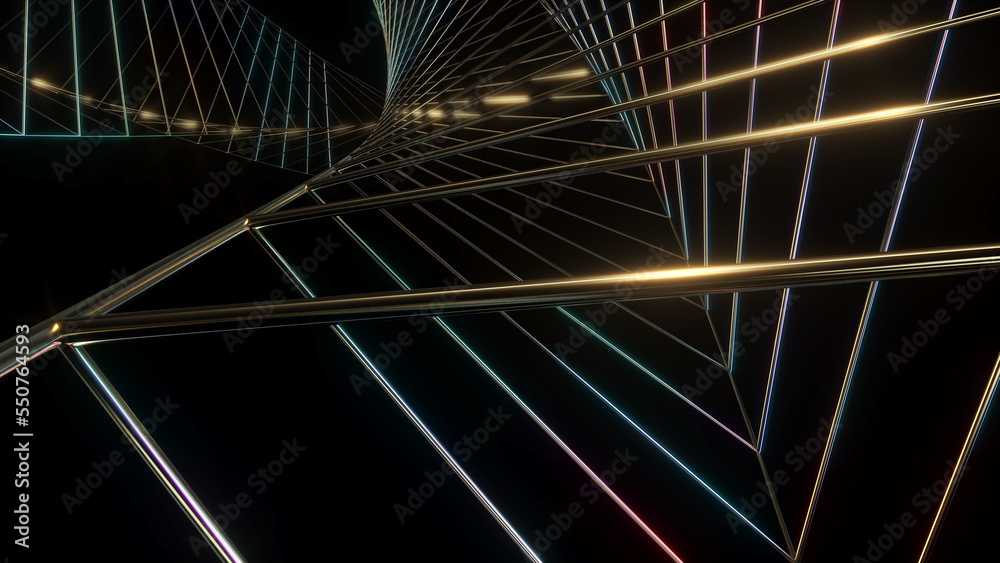 Poster abstract image of swirling golden double triangle lines on black background.,abstract line movement,
