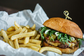 creative burger on the wooden background