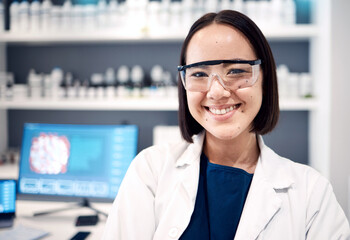 Pharmaceutical, asian and science woman in portrait with technology innovation, research vision and...