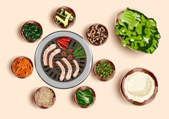 Fotobehang Traditional Korean food, korean barbecue, grilling beef, BBQ. Grilled snacks. Illustration for restaurant menu. Top view. Vector illustration. © Katsiaryna