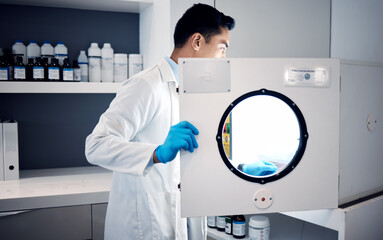 Man, scientist and laboratory autoclave equipment for medicine temperature control, medical...