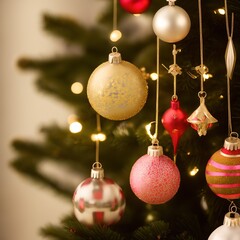 Christmas Ornaments Close Up Colorful with Decorations and Tree