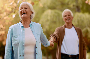 Senior couple, holding hands and happy smile together in park, romance and love outdoor in park on date. Elderly man, woman and walking in forest, autumn and enjoy marriage relationship in nature