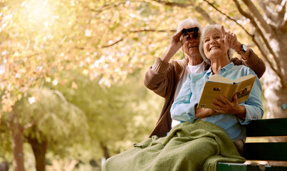 Retirement, relax and couple on bench at park in New York, USA for marriage leisure on pension....