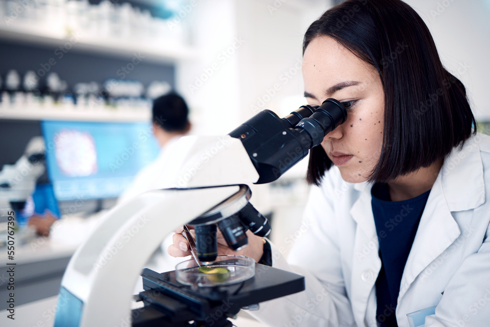 Poster laboratory, microscope and medical science analysis, research innovation and biotechnology scientist
