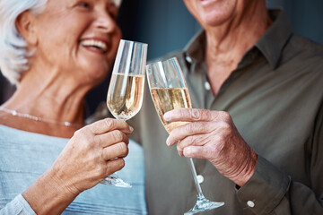Champagne, love and senior couple toast for marriage anniversary date, partnership or retirement...