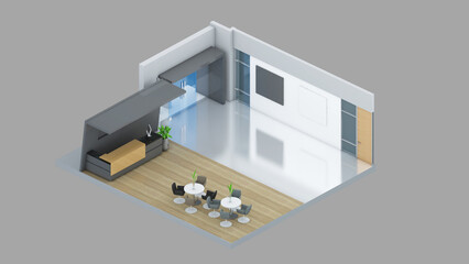 Isometric view of a office area,reception and meeting room, 3d rendering