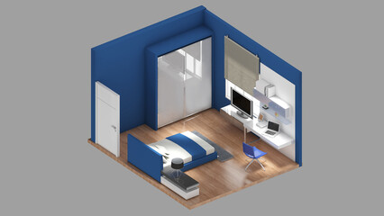 Isometric view of a bedroom,residential area, 3d rendering.
