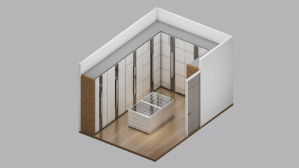 Isometric view of a closet,walk in closet, 3d rendering.