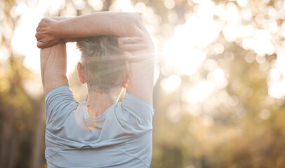 Senior woman, back and stretching arms in fitness workout, training or exercise in nature park, garden or countryside environment. Retirement elderly, pensioner or warm up for mobility or healthcare
