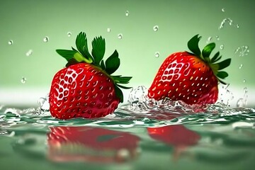 Strawberries falling on water, water splashing, Red ripe strawberries closeup view, wallpaper, HD, background