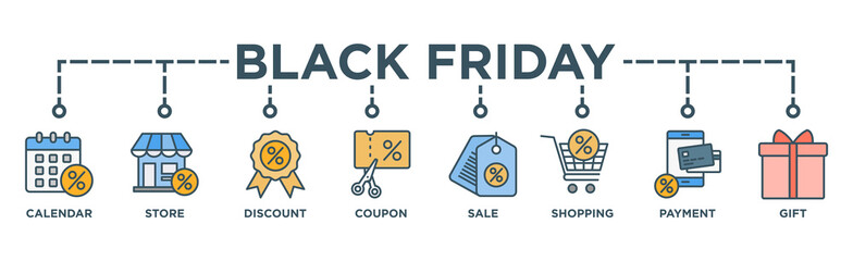 Black friday banner web icon vector illustration concept with icon of calendar, store, discount, coupon, shopping, sale,  payment,  gift, 