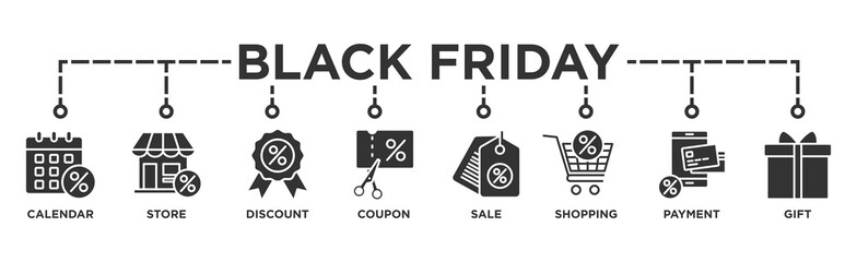 Black friday banner web icon vector illustration concept with icon of calendar, store, discount, coupon, shopping, sale,  payment,  gift, 