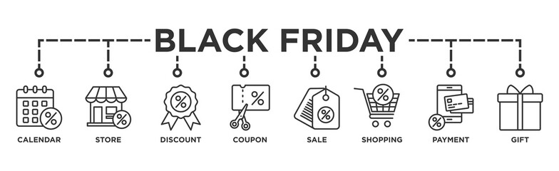 Black friday banner web icon vector illustration concept with icon of calendar, store, discount, coupon, shopping, sale,  payment,  gift, 