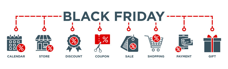 Black friday banner web icon vector illustration concept with icon of calendar, store, discount, coupon, shopping, sale,  payment,  gift, 