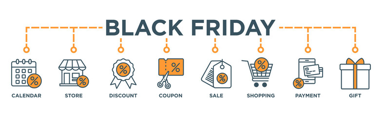 Black friday banner web icon vector illustration concept with icon of calendar, store, discount, coupon, shopping, sale,  payment,  gift, 