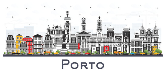 Porto Portugal City Skyline with Color Buildings Isolated on Whıte.