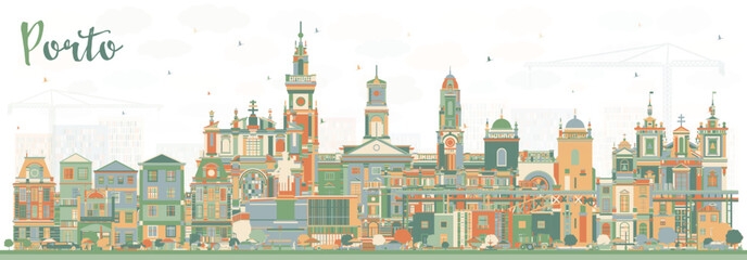 Porto Portugal City Skyline with Color Buildings. Vector Illustration.