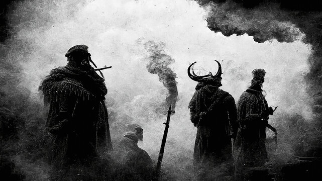 Dark figures of viking warriors in fog.  
Digitally generated image.