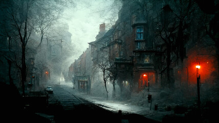 Plakat street, scary, fog, old, vintage, mist, misty, foggy, nobody, village, road, dark, evening, copy space, spooky, night, city, light, architecture, town, building, lights, halloween, urban, london, vint