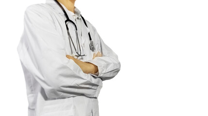 A half-standing doctor, without a face, holding a stethoscope against a white background.,stand beside
