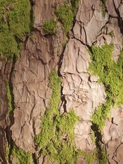 Background. Tree bark with visible big cracks and algae. Natural wood background.