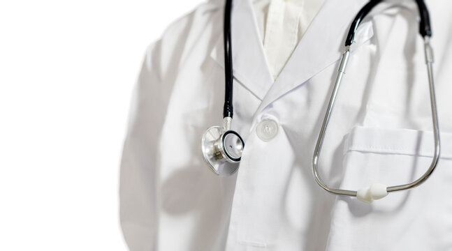 A Half-standing Doctor, Without A Face, Holding A Stethoscope Against A White Background.stand Straight