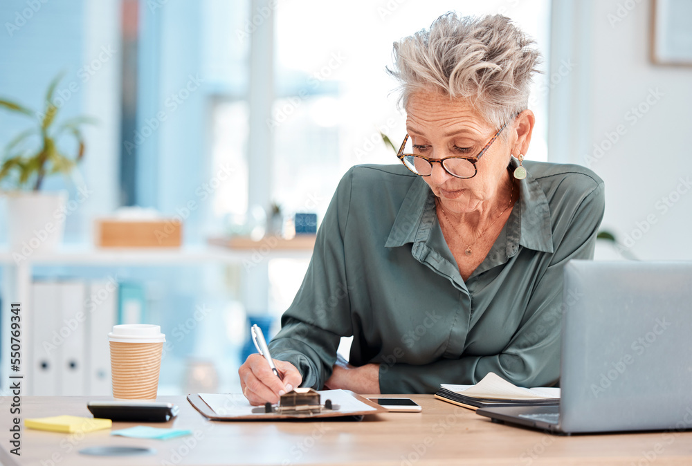 Sticker Senior, contract and business woman sign a legal document in a office reading a corporate report. Signature, working and planning elderly ceo writing on insurance, investment or pension paperwork