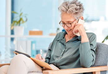 Senior woman, office call and ceo phone communication of a consulting lawyer writing a schedule. Working, phone call and elderly legal worker talking about a corporate strategy and law firm vision
