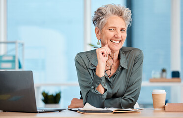 Business, woman and portrait of a mature ceo proud of her startup company success in a corporate office. Mature entrepreneur, face and front of a female executive happy with her professional career - obrazy, fototapety, plakaty