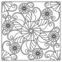 Outline round flower pattern for coloring book page. Antistress for adults. Doodle black and white vector illustration.