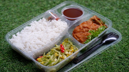 Catering food with healthy balanced diet delicious lunch box boxed take away deliver packed ready meal in plastic container dinner, meal, brakfast. Japanese bento, ready to eat.