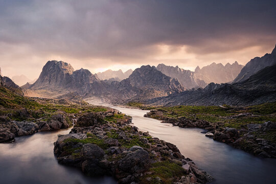 Beautiful valley at sunset. Majestic river in the mountains.  
Digitally generated AI image