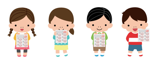 100点のテストを見せる子供たち