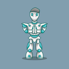 Futuristic mascot logo icon robot mecha cyborg humanoid with cap and celebrating