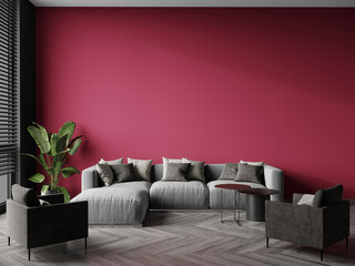 Viva magenta is a trend colour year 2023 in the  luxury living. Painted mockup wall for art - crimson red burgundy colour. Template modern room design interior home. Accent carmine. 3d render 