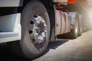 Obraz na płótnie Canvas Semi Trailer Truck Wheels Tires. Truck Tyres, Rubber. Freight Truck Transport. 