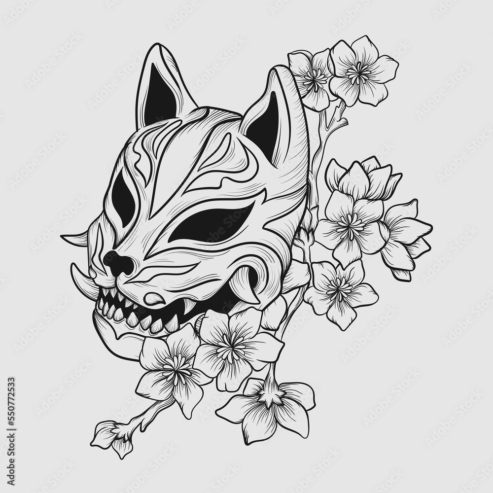 Wall mural tattoo illustration and t shirt black and white kitsune mask