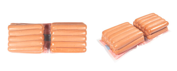 Sausages in vacuum plastic packaging isolated on white background. Vacuum transparent packaging...