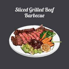 Sliced grilled beef barbecue steak and vegetables. Hand drawn watercolor vector illustration