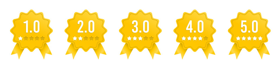 Set of gold badge rating stars. Feedback or ranking. Premium rating. Vector illustration.