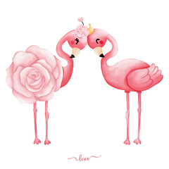 Flamingo with Bouquet of Rose hand drawn illustration for Valentine..